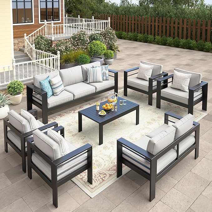 Wisteria Lane 7-Piece Outdoor Patio Furniture Set, Outdoor Sectional Furniture with Upgraded Cushions, Outdoor Conversation Seating Set for Balcony, Garden, Deck, Backyard, Black