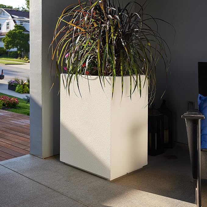 PolyStone Cozumel Tall Modern Outdoor/Indoor Column Planter, 18" L x 23" W x 30" H, Lightweight, Heavy Duty, Weather Resistant, Polymer Finish, Commercial Grade and Residentia (White)