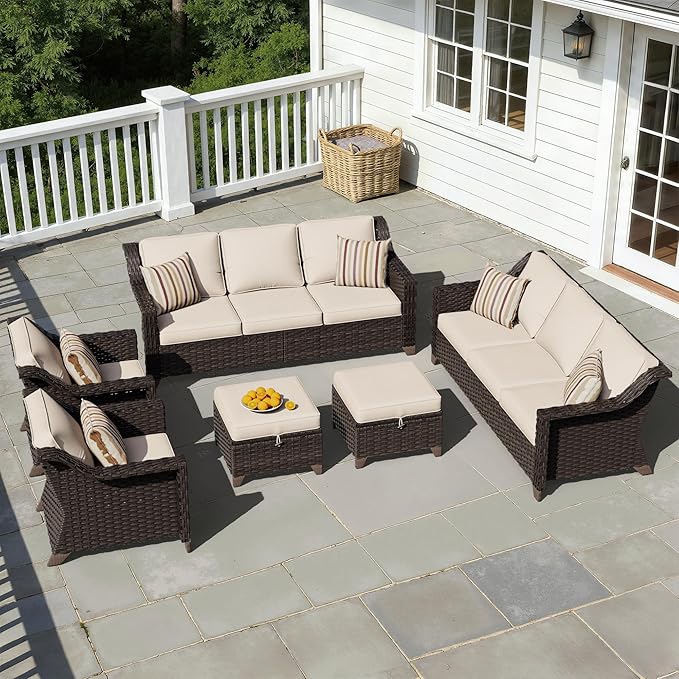 6 Pieces Patio Conversation Furniture Set - 2 Sofas, 2 Armchairs, 2 Ottomans, Outdoor Wicker Furniture with Removable Cushions for Porch, Balcony, Sunroom (Beige)