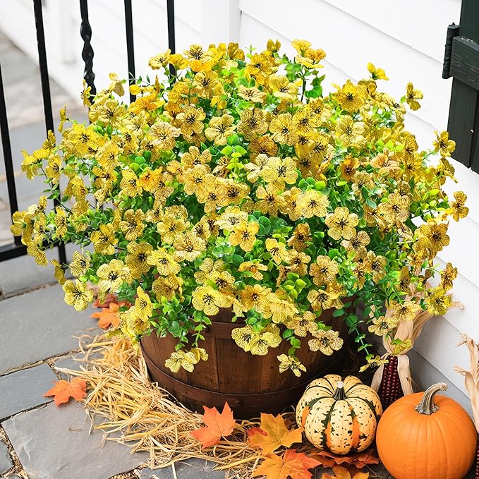 florisso Artificial Fake Fall Yellow Mums Flowers Plants for Outdoor Outside, 12 Bundles Autumn Faux Silk Daisy UV Resistant Realistic for Porch Patio Home Window Box Yard Garden Planter