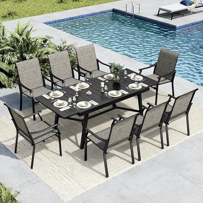 MFSTUDIO Modern Rectangular Patio Dining Set for 8, Black, All-Weather Resistant, Expandable Table & Breathable Textilene Chairs
