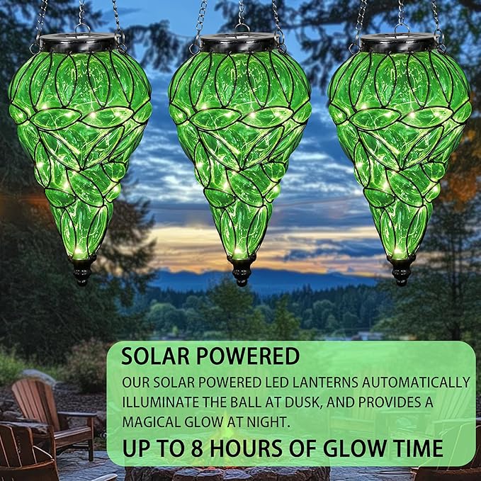 Naboher Solar Hanging Lantern Outdoor Garden Lights, Tear-Shaped Glass and Metal Hanging Lantern, 15 Firefly LED Lights, 7 x 24 Inch,(Green)