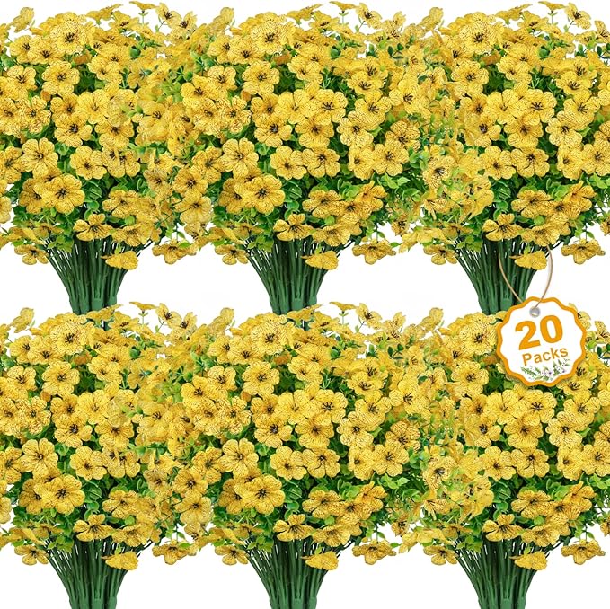 Besteek 20 Bundles Artificial Flowers for Outdoors Decoration Fake Silk Flowers UV Resistant Faux Plants Artificial Daisy Eucalyptus for Spring Summer Garden Yard Porch Window Home Decor, Yellow