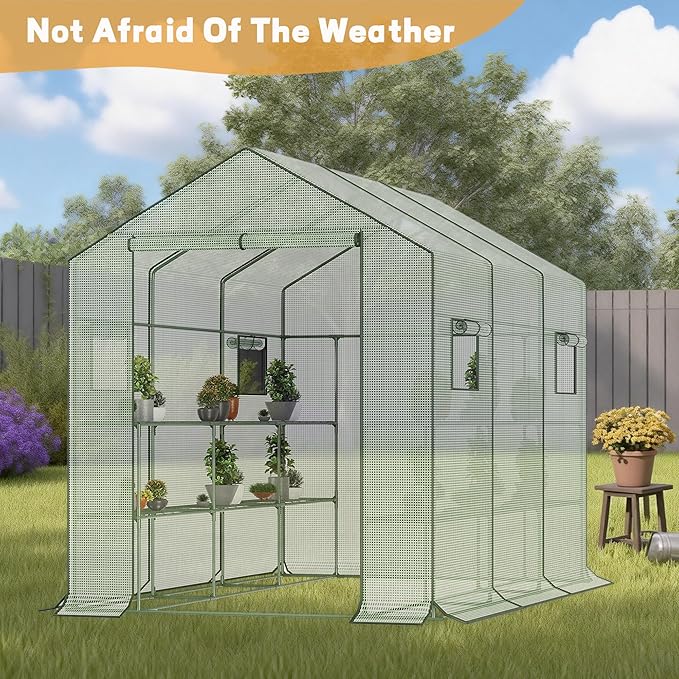 9.75 ft Big Walk in Greenhouse with Screen Windows & Roll-Up Zipper Door, 67 x 117 x 83'' Plant Green Houses for Outdoors, 3 Tiers 18 Shelves Stands Plastic Portable Heavy Duty Indoors Warm (Green)