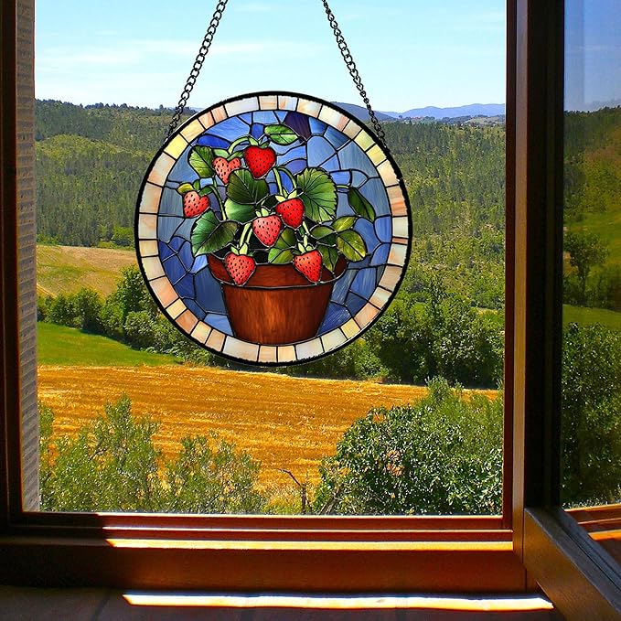Stained Glass Window Hanging Red Strawberry Potted Plants Large 11.8" - Suncatcher Door Garden Sun Catcher Fall Home Decor Birthday Christmas for Mom Men Woman Nana Friend