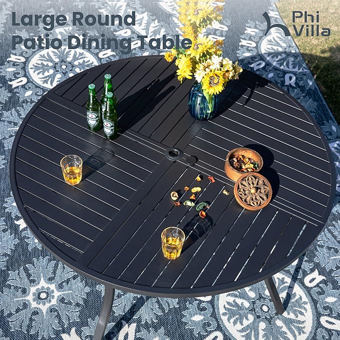 PHI VILLA 7 Piece Outdoor Patio Dining Set with 6 Padded Swivel Dining Chairs & 1 Large Round Dining Table, All Weather Dining Furniture Set for Lawn Garden (Blue)