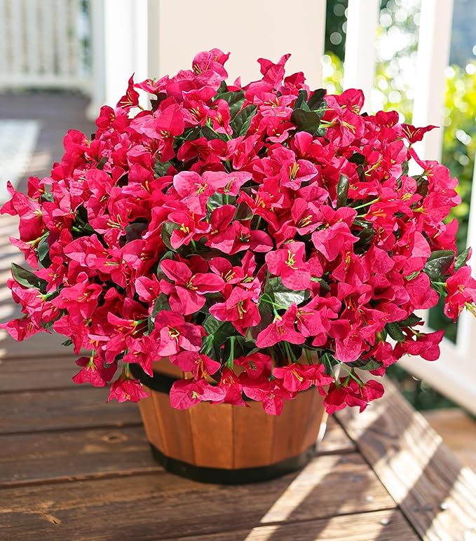 Ivydale Artificial Flowers for Outdoors Spring Summer Decor, 4 Bundles Fake Bougainvillea Silk Flowers for Outside Faux Outdoor Plants UV Resistant Realistic for Planter Patio Porch Balcony, Hotpink