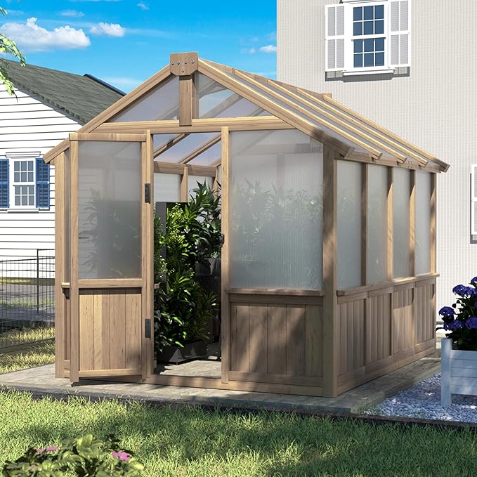 Mupater 6 x 8 FT Wooden Polycarbonate Greenhouse with Ventilated Window and Lockable Door, Walk-in Greenhouse for Backyard, Patio, Lawn, Brown