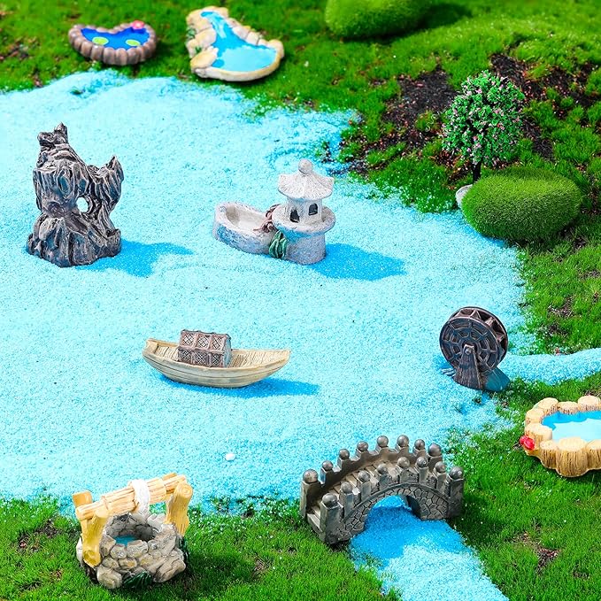 Jetec 12 Pcs Garden Accessories Miniature Bridge Mini Lighthouse Water Well Bridge Figurines Pond Lawn Ornament Figurines for DIY Craft Garden Decor(Retro Style)