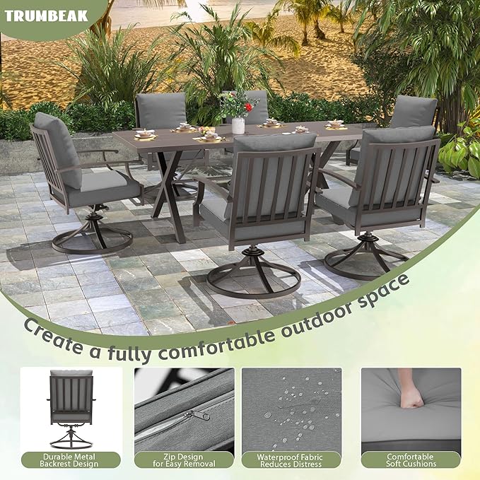 7-Piece Patio Dining Set Outdoor Conversation Set,Metal Outdoor Furniture Set with Umbrella Hole Cut-Out 78.7" x 35.4" Table and 6 Metal Backrest Swivel Chairs for Backyard,Garden,Grey