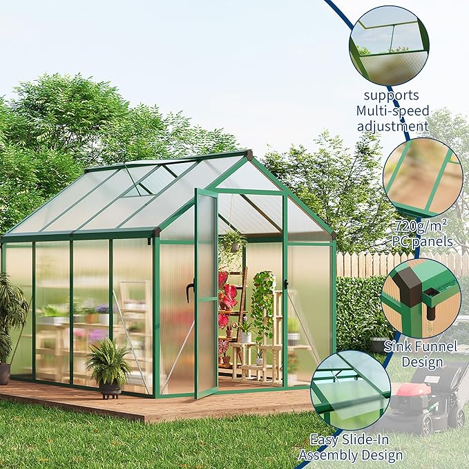 6 X 8 FT Greenhouse, Outdoor Greenhouses, Polycarbonate Panels with Aluminum Frame, Adjustable Roof Vent and Lockable Door, Green Houses for Outside Backyard, Garden, Patio