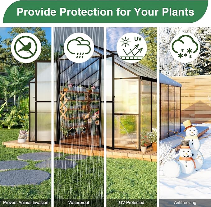 8X10 FT Walk in Greenhouse, Quick Setup Polycarbonate Greenhouses for Outdoor with Roof Vent and Rain Gutter, Swing Lockable Door Large Aluminum Green Houses for Outside, Black