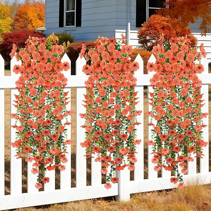 AmberFun Artificial Hanging Flowers for Outdoors,2 Bundles Silk Fake Fall Flowers for Outside, Realistic Faux Plants for Hanging Baskets, Planters-Porch, Patio, Yard Decor(Orange)
