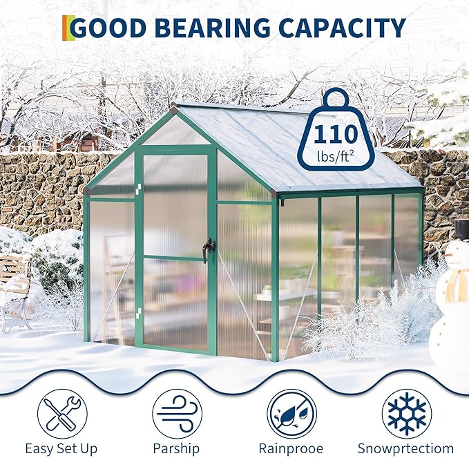6X8 FT Greenhouse for Outdoors, Polycarbonate Flower Greenhouse with Roof Vent, Push-Pull Lockable Door, Aluminum Walk-in Greenhouses for Outside Garden Backyard, Patio, Lawn, Green