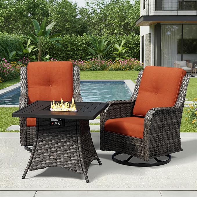 Joyside 3 Piece Wicker Patio Furniture Set with Fire Pit Table, Outdoor Swivel Rocker Patio Chairs with High Back, Deep Seating, Wide Armrest, Thickened Cushions, Outdoor Furniture for Deck, Porch Use