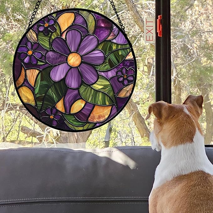 AMDERVEN Stained Glass Window Hanging, Purple Green Flowers Sun Catcher for Door Home Decor Plants Suncatcher Christmas Mother's Day Birthday Gifts for Women Men Mom and Nana 15 in