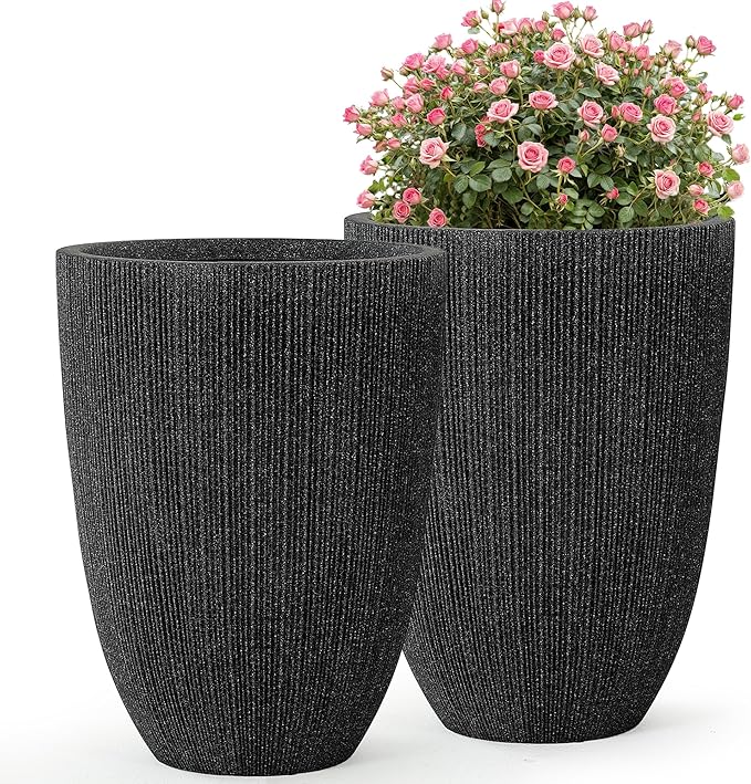 Ultym 19" H Mediterranean Planter for Indoor/Outdoor Plants, Set of 2 Large Flower Pot with Drainage Hole, Weather/UV Resistant Resin Planters for Garden Patio Porch Home Office Decor, Black Fluted