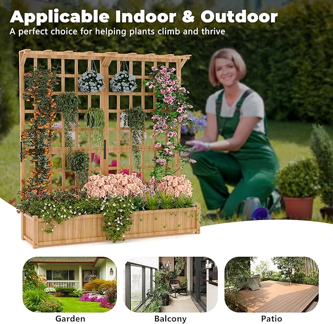 GarveeLife Two-Tier Wooden Planter Box with Trellis for Outdoor Gardens, Elevated Raised Bed for Flowers and Vegetables, 1.4 ft Deep Planter with Hanging Roof & Drainage Holes