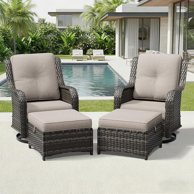 Joyside 4 Piece Wicker Patio Furniture Set, Outdoor Swivel Rocker Patio Chairs with High Back, Deep Seating, Wide Armrest, Thickened Cushions, Outdoor Furniture for Deck, Porch Use