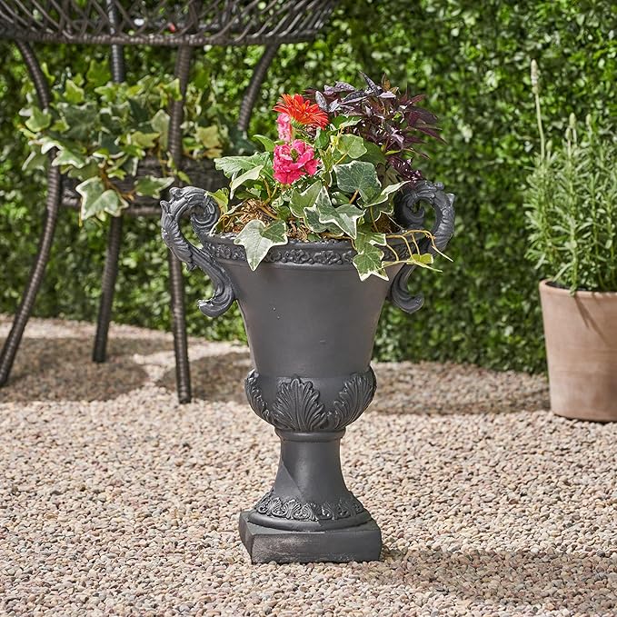 Christopher Knight Home Jorine Patio Planter, Light Concrete Planter, Mid-Centry Gadern Urn, Floral Relif Design Plant Pot, Large Garden Pot, Flower Urn with Drainage Hole for Backyard Home, Black