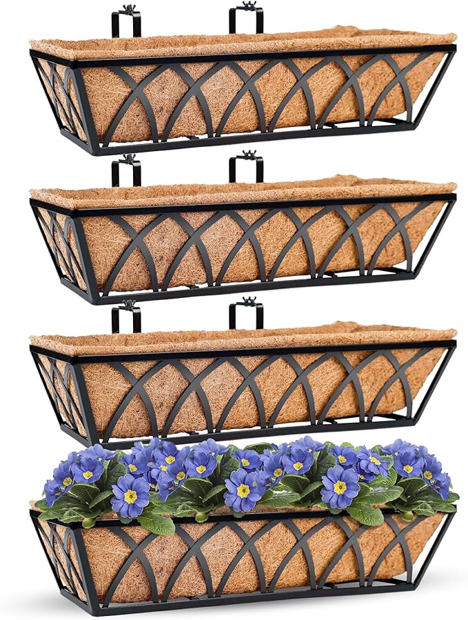 Y&M 24 Inch Window Deck with Coco Liner, Fence Metal Hanging Flower Planter Window Basket Deck Railing Planter Boxes for Outdoor Garden Lawn, 24" Window Boxes Horse Trough with Coconut Coir Liner,4pcs