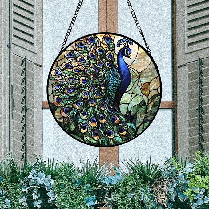 AMDERVEN Stained Glass Window Hanging, Turquoise Peacock Sun Catcher for Door Home Decor Blue Green Suncatcher Christmas Mother's Day Birthday Gifts for Women Men Mom and Nana 7.8 in