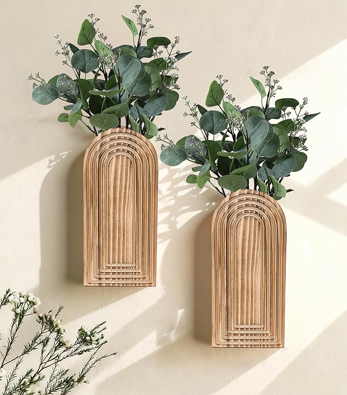 DREAMLOOM 2 Pack Wooden Wall Vases with Fake Plants, Wall Hanging Planters Boho Modern Farmhouse Indoor for Narrow Spaces Entryway Bathroom Home Office Decoration, Brown