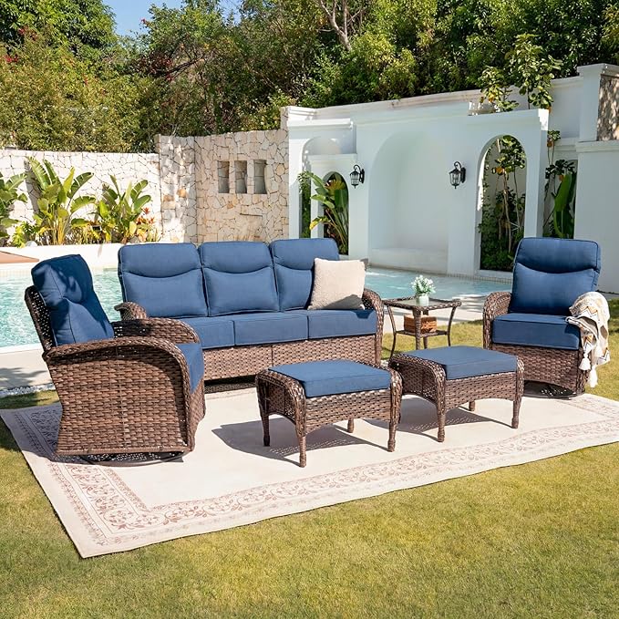 Belord Upgraded 6“ Cushion Luxury 6 Piece Patio Furniture Set - Wicker Couch Outdoor Conversation Set with Swivel Rocker Patio Chairs, Deep Seat Glider Chairs Set for Deck Porch - Brown/Blue