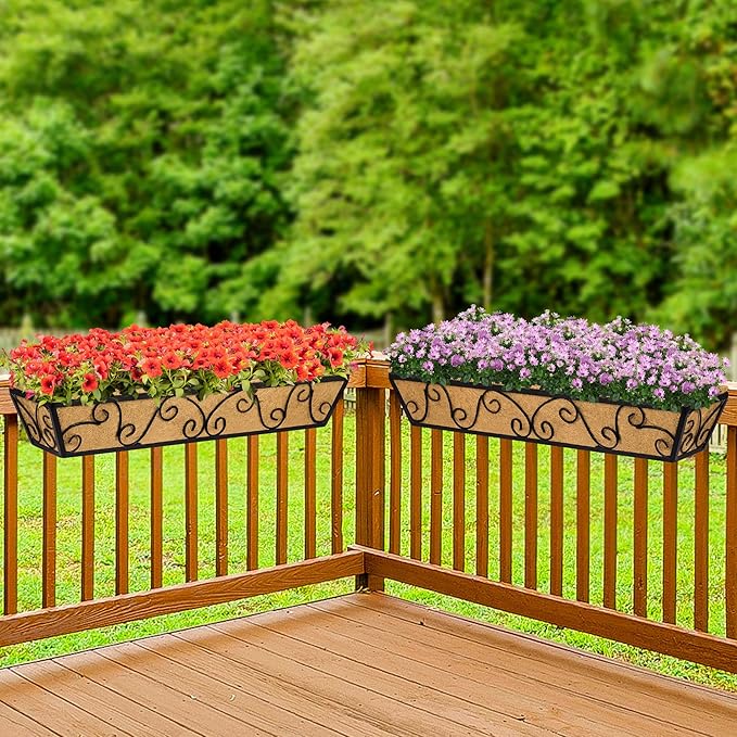Y&M 30 Inch Window Deck with Coco Liner, Fence Metal Hanging Flower Planter Window Basket Deck Railing Planter Boxes for Outdoor Garden Lawn-Butterfly, 6pcs