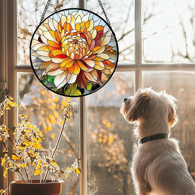 Stained Glass Window Hanging - Chrysanthemum Suncatcher for Doors Garden Patio Birth Flowers Sun Catchers Decor Christmas Mother's Day Birthday Gifts for Women Men Mom Nana Friend 7.8 in