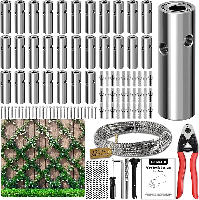 Acemaker Wire Trellis for Climbing Plants Outdoor, 30-Set Wall Wire Trellis Kit with 1/8in x 150ft Stainless Steel Cable & Cutter, T316 Cylindrical Espalier System for Fence and Garden DIY Projects