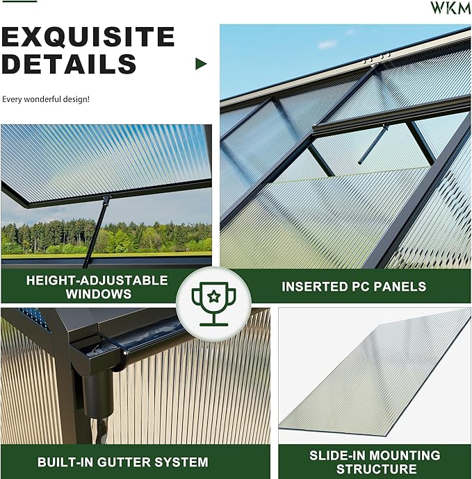 WKM Greenhouse for Outdoors 8x14 FT, Walk-in Polycarbonate Greenhouse with Roof Vent and Quick Setup Structure, Heavy Duty Aluminum Green House for Outsides Backyard Garden, Black