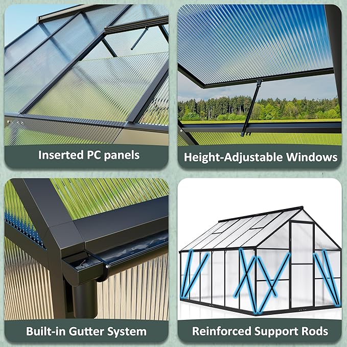 8x10 FT Greenhouse for Outdoors, Quick Setup Polycarbonate Green House with Roof Vent, Aluminum Large Walk-in Greenhouse for Outside Garden Backyard, Black
