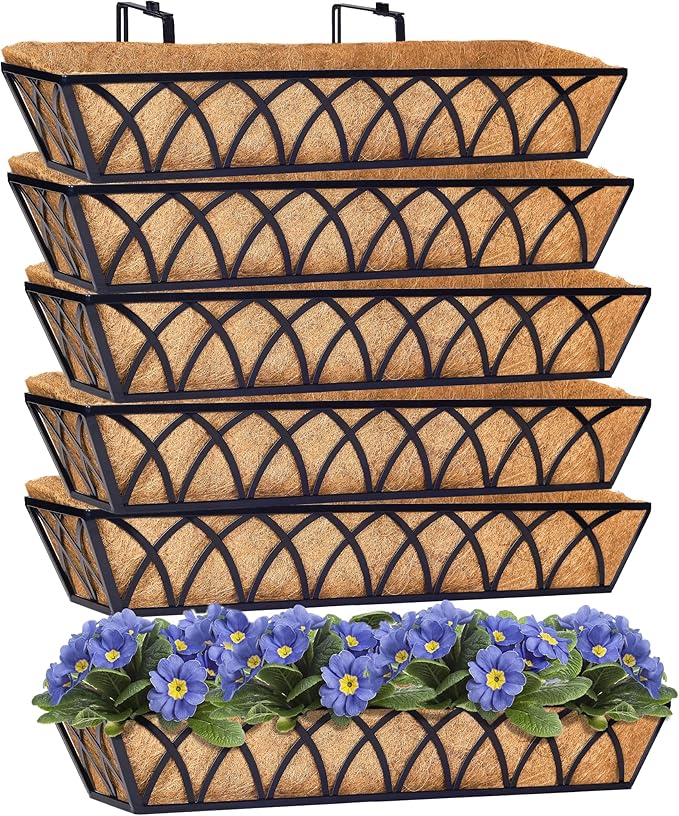 Y&M 30 Inch Fence Metal Hanging Flower Planter Window Basket Deck Railing Planter Boxes for Outdoor Garden Lawn, Window Deck with Coco Liner,6pcs