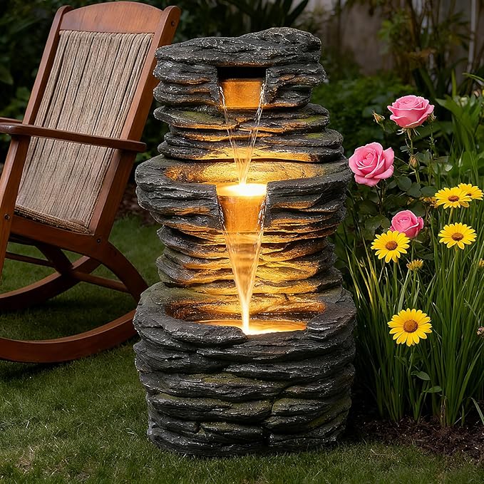 3 Tier Cascading Rock Water Fountain Outdoor Garden,28.74" H Natural Look Outdoor Fountains and Waterfalls with LED Lights for Patio, Deck, Porch, Backyard, Outside and Indoor Home Decor