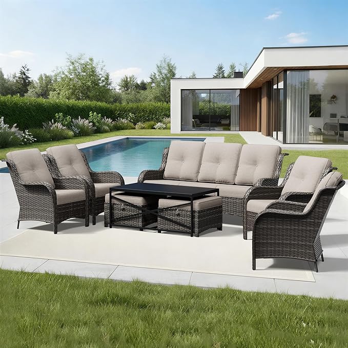 Joyside 8 Piece Wicker Patio Furniture Set, Rattan Patio Chairs with High Back, Deep Seating, Wide Armrest, Thickened Cushions, Outdoor Furniture for Deck, Porch Use