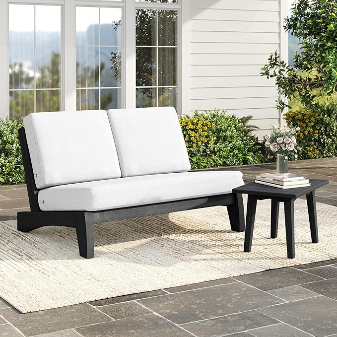 Patio Loveseat, Outdoor Wooden Bistro Set, All Weather Conversation Solid Wood Loveseat with Soft Cushions for Porch Balcony Deck Backyard