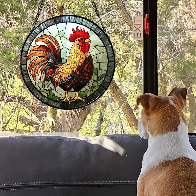 Stained Glass Window Hanging - Rooster Suncatcher for Doors Garden Patio Retro PColored Chicken Sun Catchers Decor Christmas Mother's Day Birthday Gifts for Women Men Mom Nana Friend 7.8 in