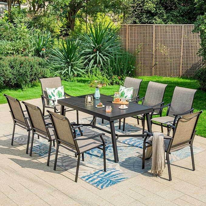 MFSTUDIO Modern Rectangular Patio Dining Set for 8, Black, All-Weather Resistant, Expandable Table & Breathable Textilene Chairs