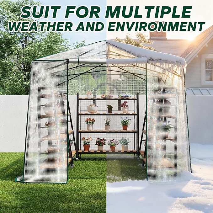 11.5x8.5x7.4 ft Walk-in Greenhouse, Portable Plant Hot House with Zipper Windows & Doors, Heavy-Duty PE Cover & Steel Frame, for Garden, Backyard