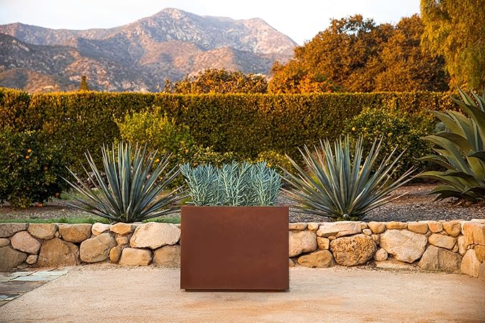 Veradek Corten Steel Series Span Planter - Tall Rectangular Metal Planter for Outdoor Porch/Patio | Naturally Rusting Steel for All-Weather Use | Modern Rustic Décor for Tall Plants, Flowers, Trees