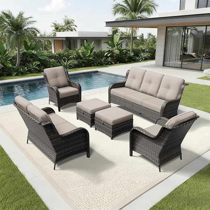Joyside 6 Piece Wicker Patio Furniture Set, Rattan Patio Chairs with High Back, Deep Seating, Wide Armrest, Thickened Cushions, Outdoor Furniture for Deck, Porch Use