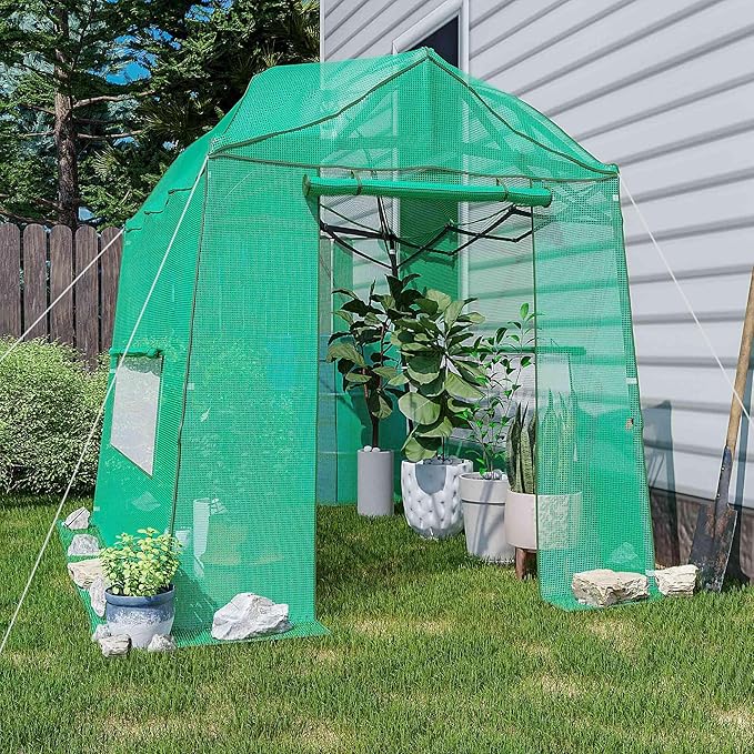 8.5 x 7 x 7 FT Walk-in Greenhouse, Portable Pop-up Greenhouse for Indoor Outdoor, Plant Garden Green House with Zippered Doors, Screen Windows, Heavy Duty Frame and Durable PE Cover