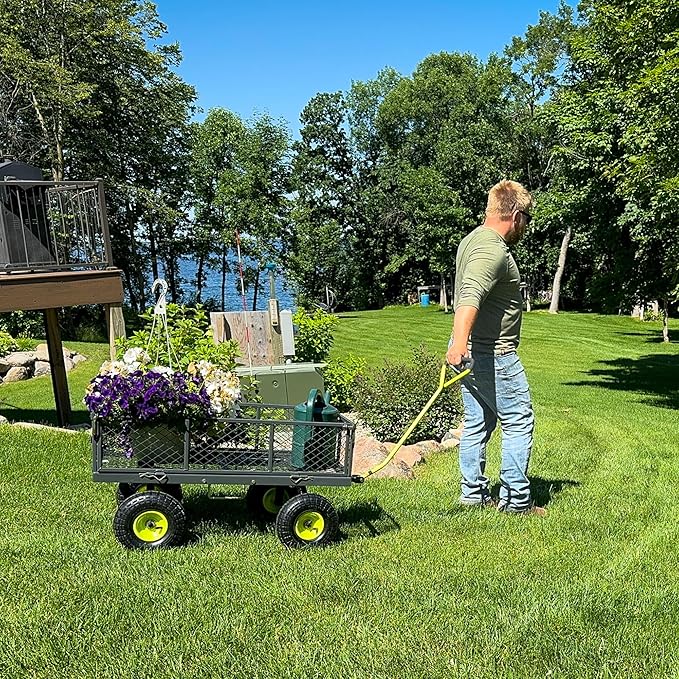 Yard Tuff 3-in-1 Dual Side Dump Wagon with Fold-Down Sides for Outdoor Garden, and Lawn with Pneumatic Tires and Heavy Duty Steel, 20 x 38 Inch