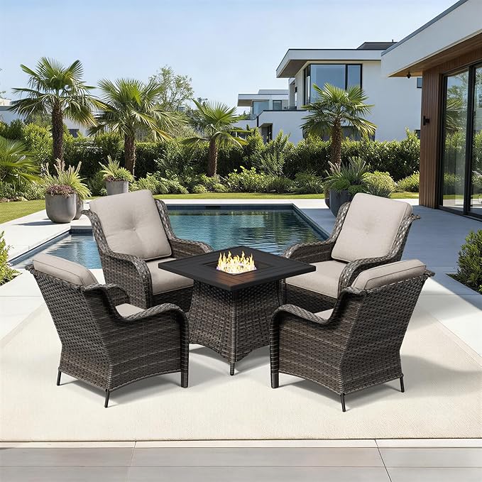 Joyside 5 Piece Wicker Patio Furniture Set with Fire Pit Table, Rattan Patio Chairs with High Back, Deep Seating, Wide Armrest, Thickened Cushions, Outdoor Furniture for Deck, Porch Use