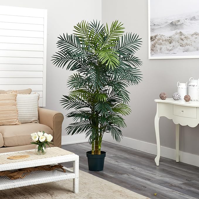 Nearly Natural 6.5ft Artificial Golden Cane Palm Tree, Lifelike Silk Indoor Palm With Three Textured Trunks Flexible Fronds Nursery Planter, Low Maintenance