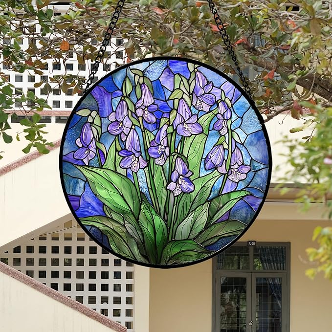 AMDERVEN Stained Glass Suncatcher, Blue Purple Flowers Green Leaves Sun Catcher Plants Stain Glass Window Hanging Decoration Mother's Day Birthday Gifts for Women Men Mom and Nana 6.3 in