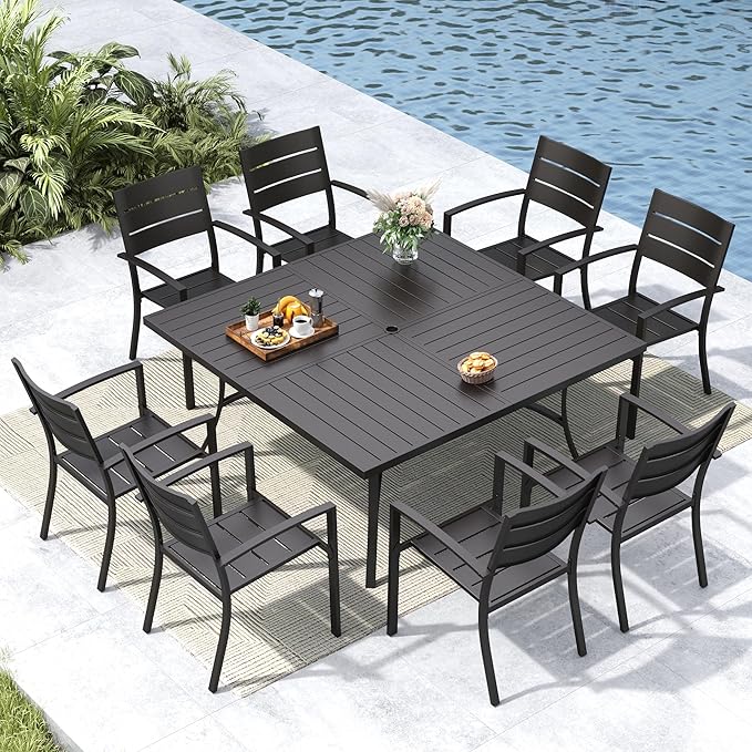 MFSTUDIO Patio Dining Set for 8, Black Metal Patio Table and Chairs Set with Umbrella Hole, 9 Piece Wrought Iron Outdoor Furniture Dining Set for Deck Backyard Garden