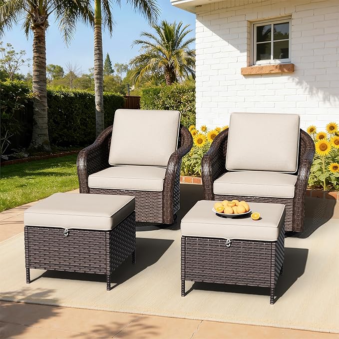 Outdoor Swivel Chairs Set with Ottomans, 4 PCS Patio Conversation Furniture Set with Removable Cushions, All-Weather Wicker Furniture for Porch, Backyard, Deck, Sunroom (Beige)
