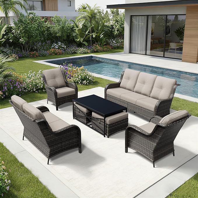 Joyside 7 Piece Wicker Patio Furniture Set, Rattan Patio Chairs with High Back, Deep Seating, Wide Armrest, Thickened Cushions, Outdoor Furniture for Deck, Porch Use